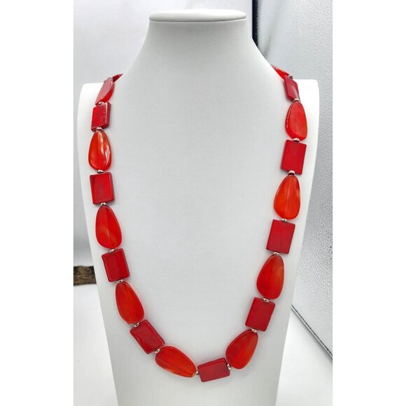 Long Handmade Titto Red Carnelian Colored Bead Slab Silver Station Necklace Fall - Picture 2 of 9